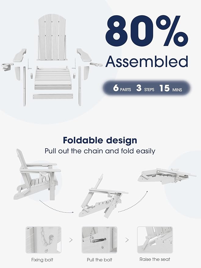 KINGYES Folding Adirondack Chair Set of 8, Dual Cup Holders & All-Weather HDPE, Wood-Like Patio Chair for Backyard, Camping, Pool & Fire Pit, White