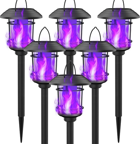 Dynaming 6 Pack Solar Flame Torch Lights Outdoor, Dual Use Flickering Purple Flame Garden Light, Hanging Lantern, Auto On/Off & Waterproof Halloween Lighting for Lawn Patio Yard Walkway Driveway