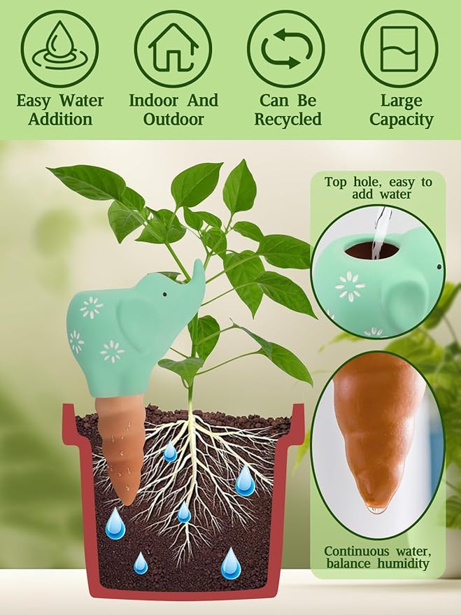 Kalolary 4Pcs Plant Watering Globes, Elephant Shape Self Watering Spikes Terracotta Drip Water Stakes Irrigation Watering Bulbs for Pot, Indoor, Outdoor, Vacation