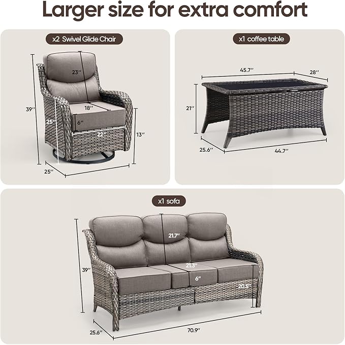 Swivel Patio Chairs sofa Set of 4 with 6" Thick Cushion - Wicker Outdoor Swivel Rocker Patio Chair ,Sofa/Glass coffee table, High Back Comfortable Outdoor Glider Chairs - Grey Wicker | Grey Cushions
