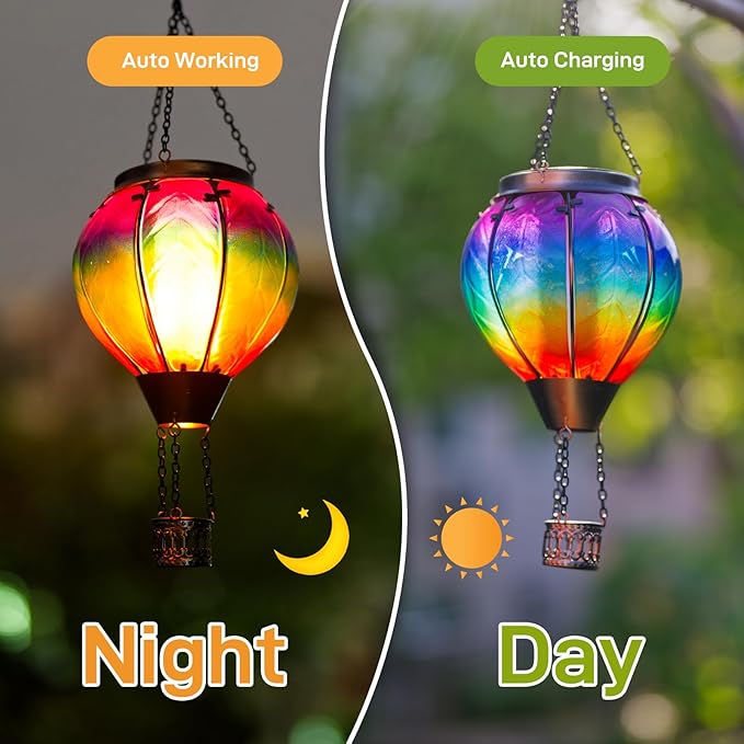 Solar Hot Air Balloon Lantern with Flame, Hanging Glass Hot Air Balloon Solar Lantern Waterproof, Decorative Outdoor Hot Air Balloon Solar Light for Outside Garden Patio (Purple Gradient)