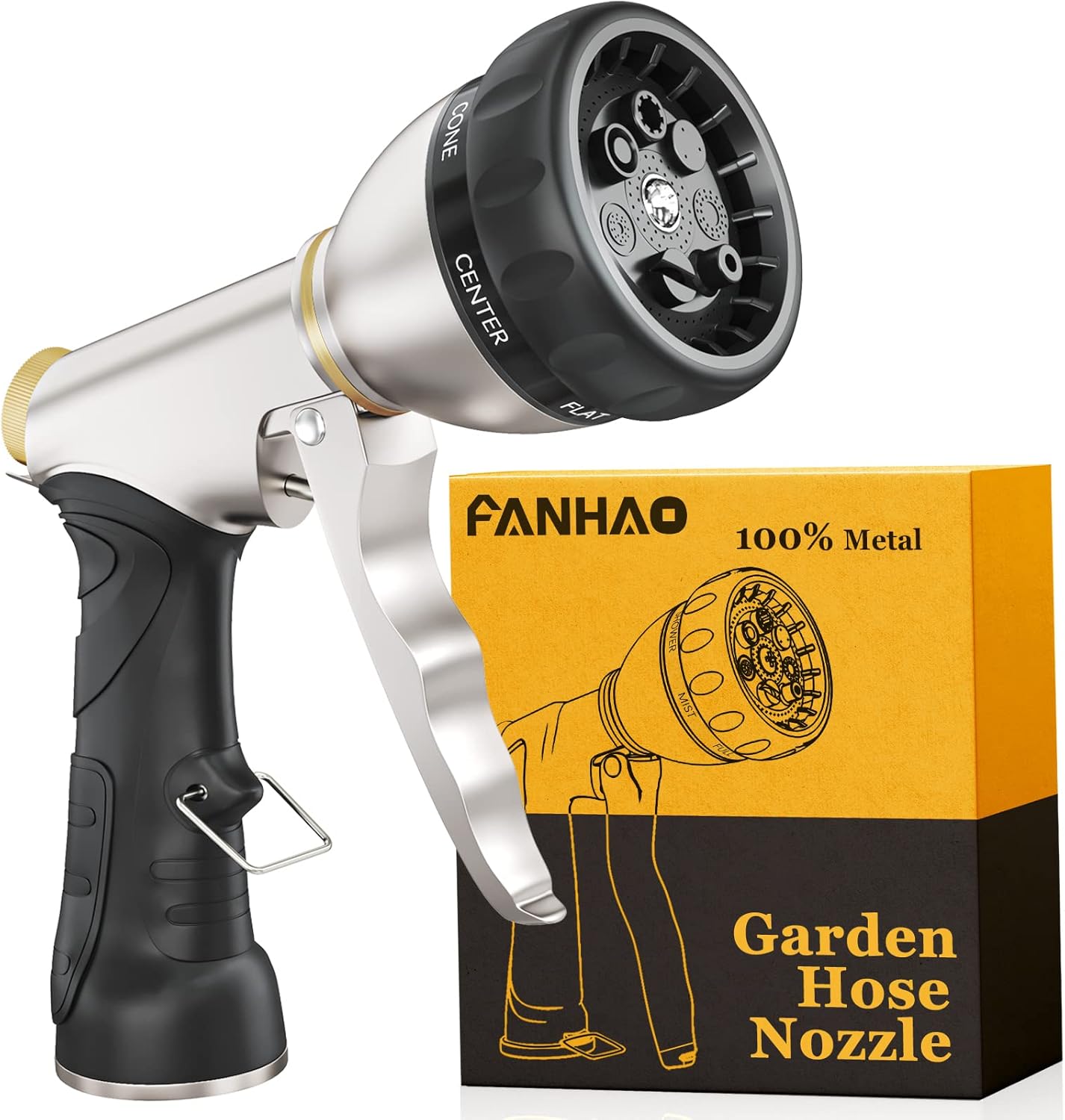 FANHAO Garden Hose Nozzle, 100% Heavy Duty Metal Water Hose Nozzle Sprayer with 7 Spray Patterns, High Pressure Hand Sprayer with Ergonomic Handle for Watering Plants & Lawns, Washing Cars & Pets