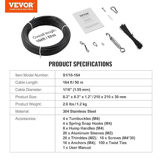 VEVOR Vinyl Coated Wire Rope Kit, 3/32 Cable Through 1/16 Diameter Stainless Steel, 7x7 Strands Construction with 189 Accessories for String Lights, Clothesline, Vine, 164 ft Black