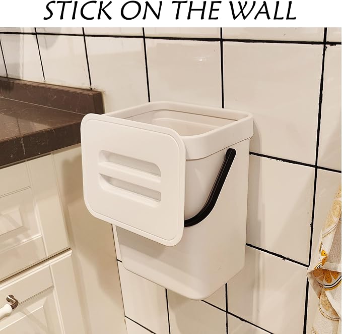 stonespace Hanging Small Trash Can with Lid Under Sink for Kitchen，1.3 Gallon/ 5L Mountable Compost Pail，Kitchen Compost Bin for Countertop, White