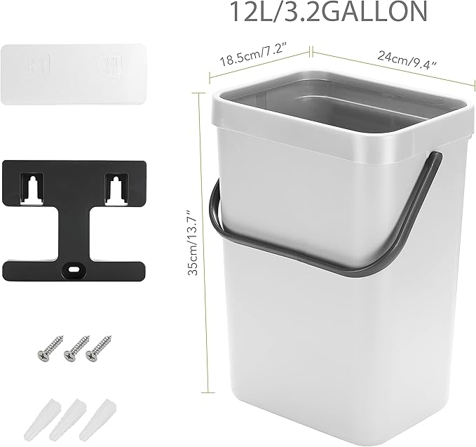 stonespace Hanging Trash Can, 3.2 Gallon/12L Small Waste Bin with Lid for Kitchen Cabinet Door or Under Sink, Bathroom Trash Bin with Lid, Food Waste Bin, 1 Pack White