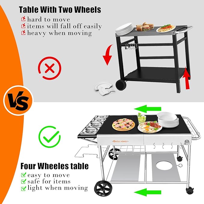Pizza Oven Table with Topping Station, Outdoor Pizza Oven Cart, Grill Table for Outside, Grill Cart, Food Prep Work cart Fits for Ninja Woodfire Grill, Blackstone Griddle,Tabletop Grill