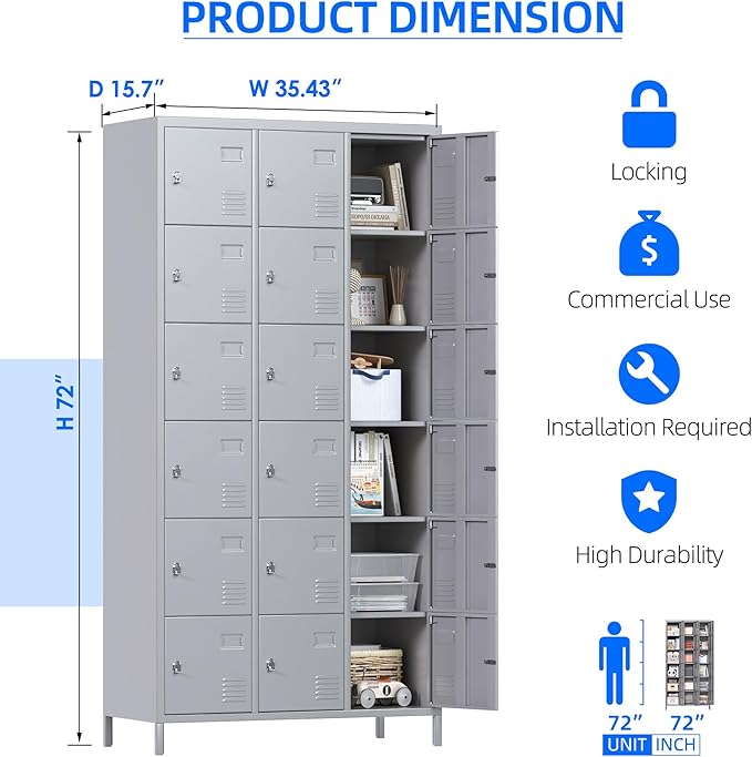 METAN Metal Locker for School Office Gym Bedroom, 18 Doors Steel Storage Locker Cabinet for Employees, Industrial Storage Locker, Assembly Required (18 Door-Grey)