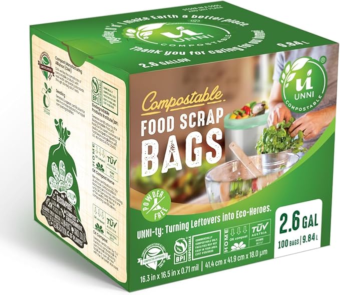 UNNI Compostable Trash Bags, 2.6 Gallon / 9.84 Liter, 200 Count, Extra Thick 0.71 Mil Small Kitchen Food Scrap Bin Liners, Certified by BPI, CMA & OK compost HOME, Meets the ASTM D6400 Standard