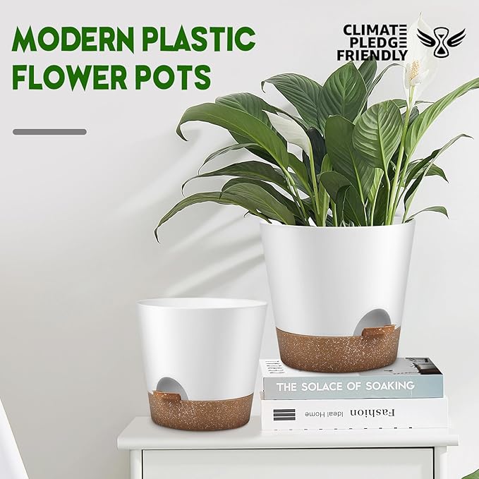 Indoor Outdoor Plant Pots- Self Watering Planters with Drainage Holes and Saucers, 9,8, 7.5 Inches, 3 Pots (Snow)