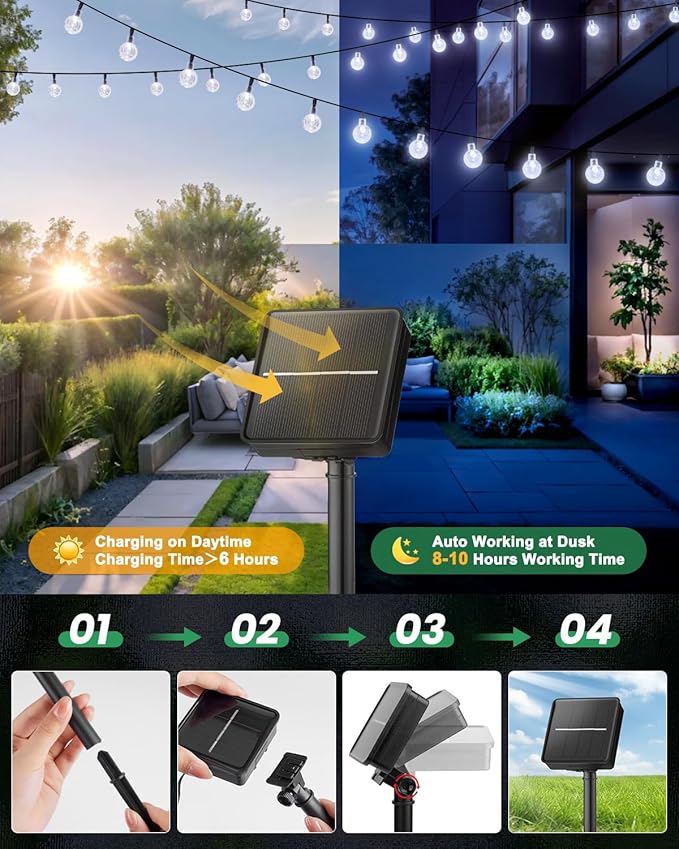 Brightown Solar String Lights Outdoor 60 Led 35.6 Feet 8 Lighting Modes Globe Waterproof Solar Powered Patio Lights for Garden Yard Porch Wedding Party Decor (Pure White)