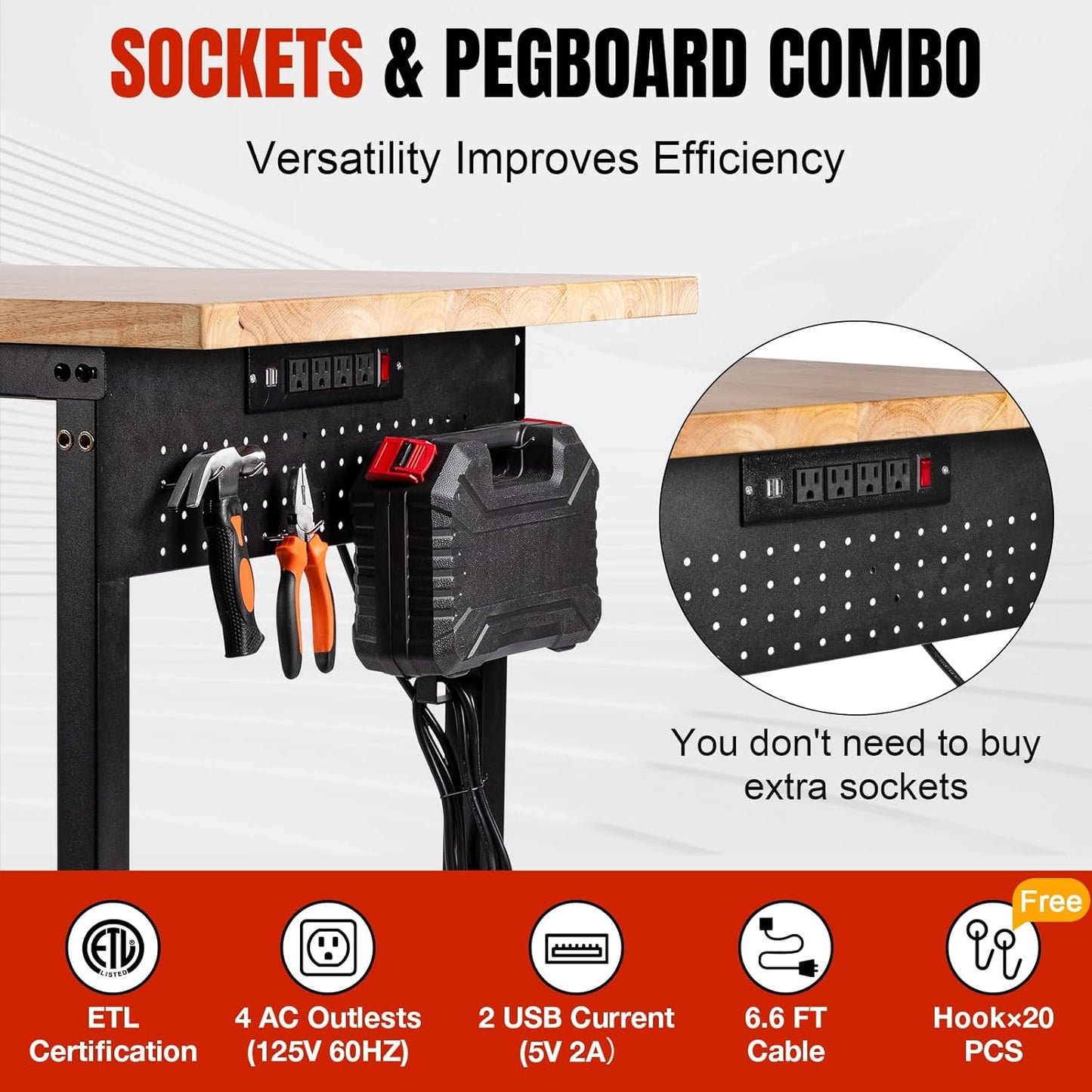 Height Adjustable Workbench with Wheels 60”×22” Heavy Duty Work Table 2000 LBS Capacity Rolling Work Table Rubber Wood Work Station with Power Outlet & Pegboard for Garage, Office, Workshop, Home