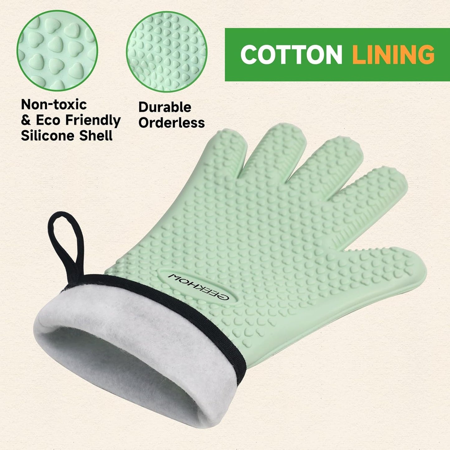 GEEKHOM BBQ Gloves Heat Resistant Oven Mitts - Silicone Grilling Gloves with 14" Long Arm Protection - Waterproof Pot Holder Non-Slip for Men & Women, Kitchen Cooking, Baking, Camping, Mint Green