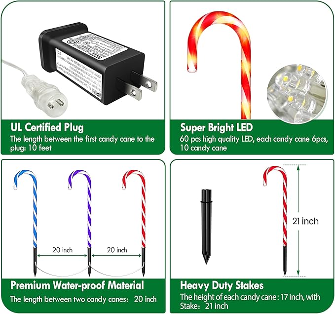 WeGuard 10PK Christmas Candy Cane Pathway Lights Outdoor Decorations 21" 8 Lighting Modes Flashing Waterproof Outdoor Lighted Christmas Decor for Garden Yard (Multi-Colored)