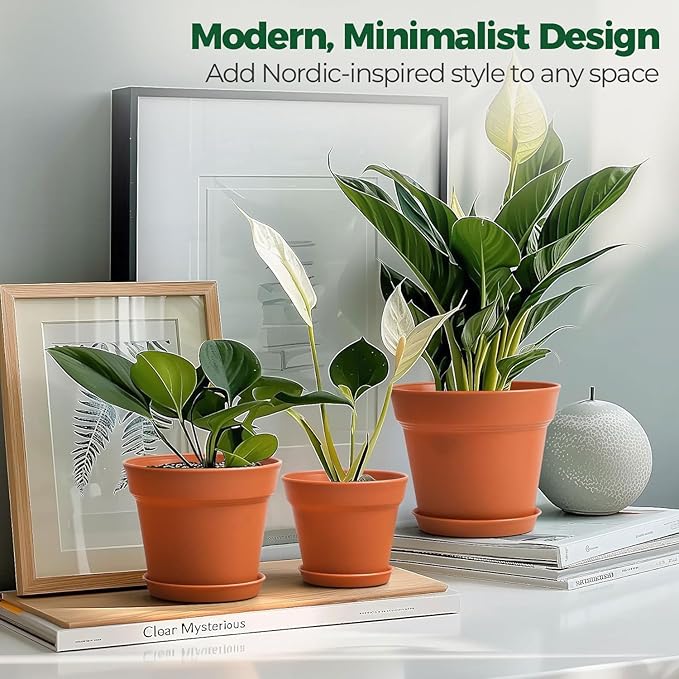 T4U 4 Inch Plant Pots 8-Pack, Small Flower Pots with Drainage Hole and Saucer, Decorative Nursery Pot Bulk for African Violet, Snake Plant, Succulent, Herb and Plants Indoor (8 Pcs 4" Pots)