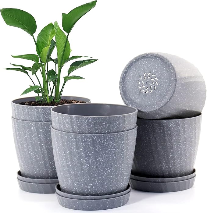 7 Inch Plant Pots Bulk, 6 Pack Plastic Planters with Drainage Holes and Saucers for Indoor Outdoor House Plants and Flowers, Grey