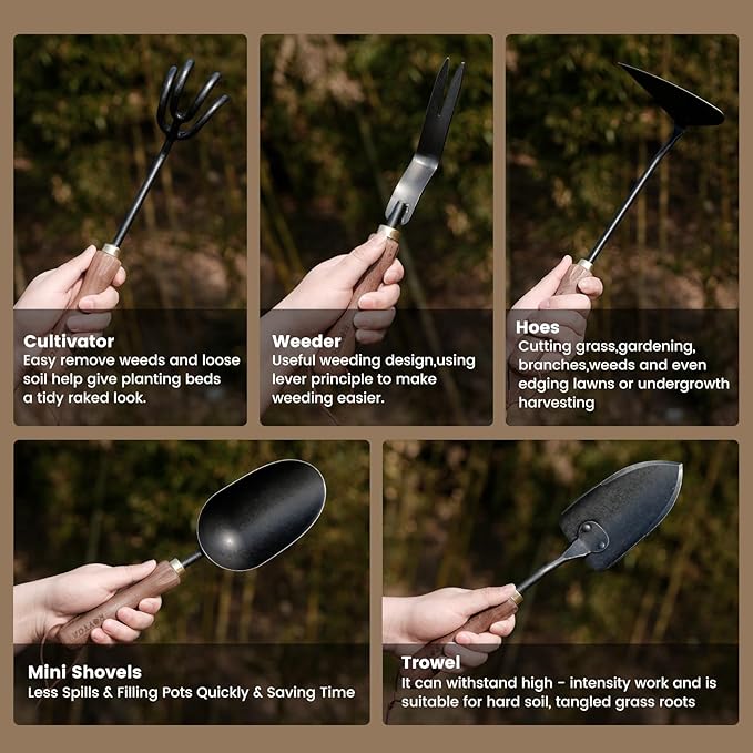 Garden Tool Set,5Pcs Gardening Tools,Stainless Steel Heavy Duty Hand Cultivator, Hoes，Shovel, Trowel and Weeder with Ergonomics Walnut Handle，Gardening Gifts for Women
