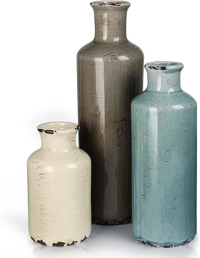CUCUMI Ceramic Flower Vases Set of 3, Rustic Coastal Home Decor for Farmhouse Shelves, Ocean Beach Style, Mantle, Fireplace, Coffee Table, Shelf for Living Room