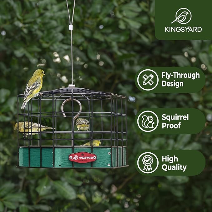 Kingsyard Squirrel Proof Platform Bird Feeders for Outdoor Hanging, Caged Bird Feeder for Small Wildbirds, Recycled Plastic Feeding Platform with Metal Seed Tray, Green