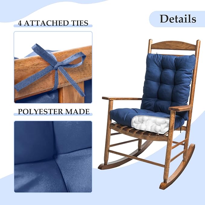 1 Pack Patio Chair Cushion, Rocking Chair Cushion with Ties Overstuffed Seat Back Cushion Pad for Outdoor Indoor Use, Blue