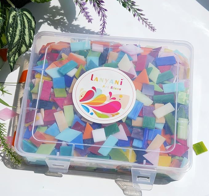 Lanyani Medium Size Glass Mosaic Tiles Pieces 1.3 Pounds Bulk, 400pcs Mixed Vibrant Color Stained Glass Pieces Tile for DIY Crafts Mosaic Making, Pre-Cut Tiles in 4 Shapes