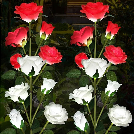 Solar Garden Lights, Solar Outdoor Lights with More Realistic 20 Rose Waterproof Solar Powered Flowers Lights for Outside Patio Yard Pathway Decorations, White and Red