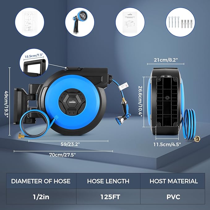 Retractable Garden Hose Reel, 1/2" x 131FT Heavy Duty Automatic Retractable Hose Reel Wall Mount, with 10- Function Sprayer Nozzle, Any Length Lock/Auto Rewind/180°Swivel