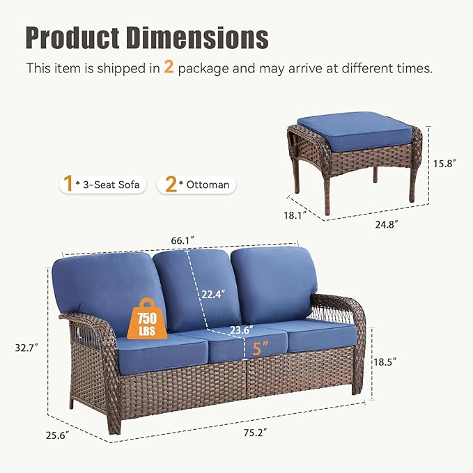 Patio Furniture Set, All Weather 3 Pieces Wicker Outdoor Small Sectional Set, 5" Thick Rattan Conversation Set with 3-seat Sofa and Ottoman for Lawn, Garden, Blue/Brown Wicker