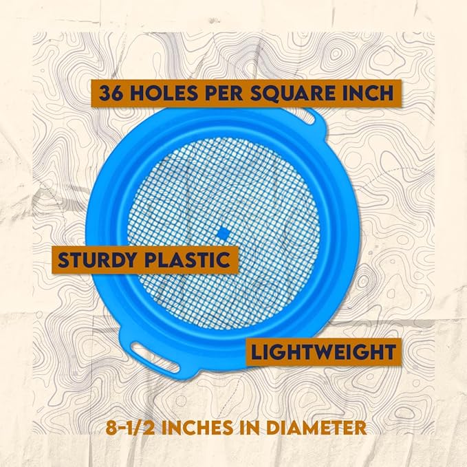 SE 6-Piece Set of 8.5" Plastic Sand Sifting Pans in a Mesh Bag, with 36 Holes Per Inch, in Red, Blue, and Green Colors