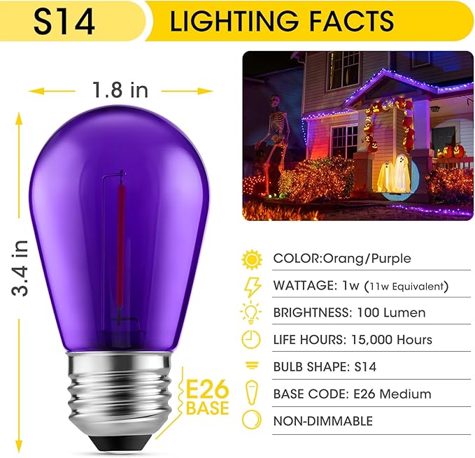 Meconard S14 Purple and Orange LED Light Bulbs, 24Pack 1W Plastic Shatterproof Waterproof LED Bulbs for Indoor Outdoor String Lights, E26 Base, Halloween Decoration, String Light Replacement Bulbs
