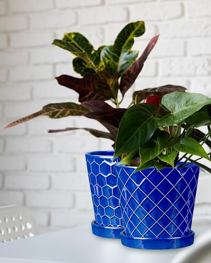 EFISPSS 6 Inch Pots for Indoor Plants,Ceramic Plant Pots,Planters with Drainage Hole and Saucer, Flower Pots Desktop Office Windowsill Decoration Gift Set of 2 - Sapphire Blue