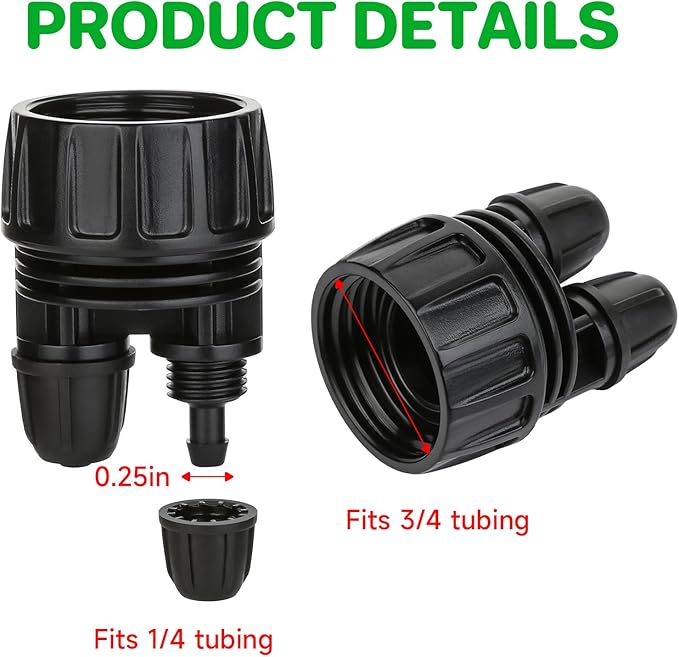 Drip Irrigation Hose Connectors,1/4 Inch Drip Irrigation Tubing x 3/4 FHT Swivel Lock Barbed Dual Hose Adapter, Convert 3/4" Garden Hose to 1/4" Drip Irrigation Parts-5 Pack
