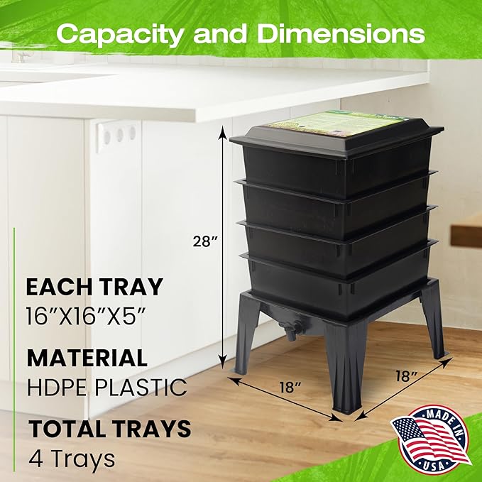 Worm Factory® 360 Black US Made Composting System for Recycling Food Waste at Home – 4 Trays for Efficient Vermicomposting – Durable, Space-Efficient Design, Easy to Assemble, No Odor