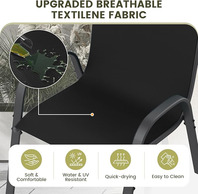 UDPATIO Patio Dining Set of 7, Outdoor Table and Chairs Set with Square Metal Table, 6 Stackable Patio Chairs with High Back, Outdoor Furniture for Deck Garden Backyard Lawn Poolside (Black)