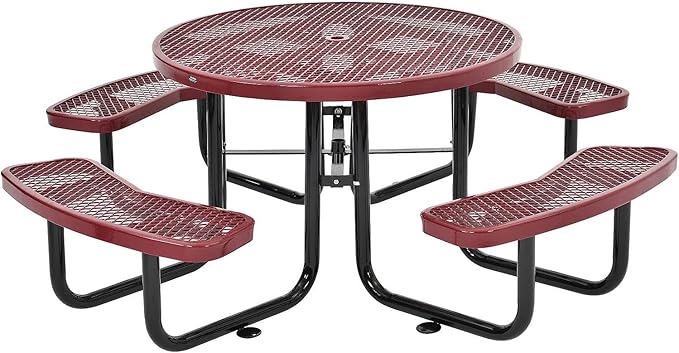 Global Industrial 46" Round Picnic Table, Expanded Metal, Red Thermoplastic Coating, Attached Benches, 1-1/2” Umbrella Pole Hole, Outdoor-Rated, 1000 lb Capacity