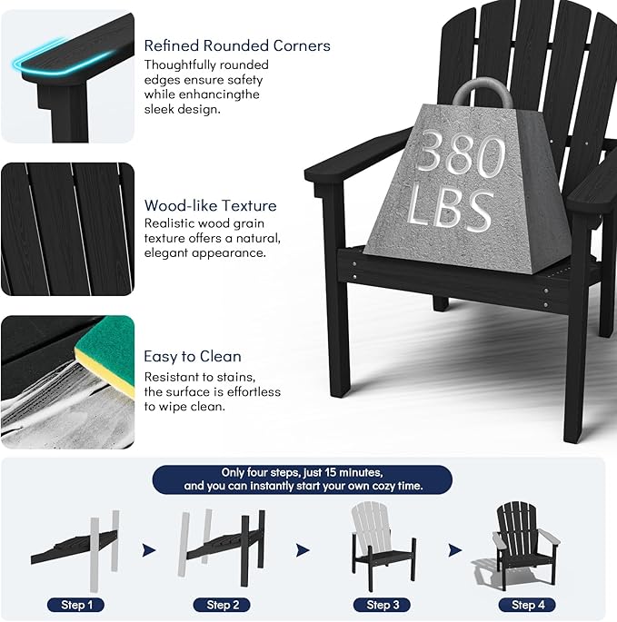 Stackable Adirondack Chair, HDPE Outdoor Patio Chair - Durable and Space Saving, Suitable for Porches, Lawns or Garden, Black