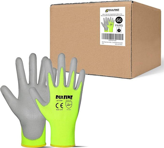 DULFINE Safety Work Gloves for Men PU Coated 60 Pairs Bulk Pack,Hi-Vis Yellow Seamless Knit Glove with thin Polyurethane Coated Smooth Grip on Palm & Fingers,Ideal for General Duty Work (Large)