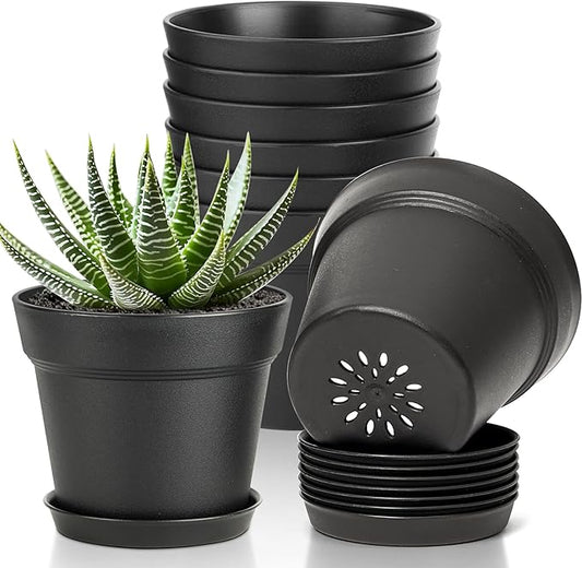 T4U 5 Inch Plant Pot 8-Pack, Plastic Pots with Drainage Hole and Saucer, Decorative Flower Pots Bulk for African Violet, Snake Plant, Succulent and All House Plants Indoor (8pcs 5" Pots, Black)