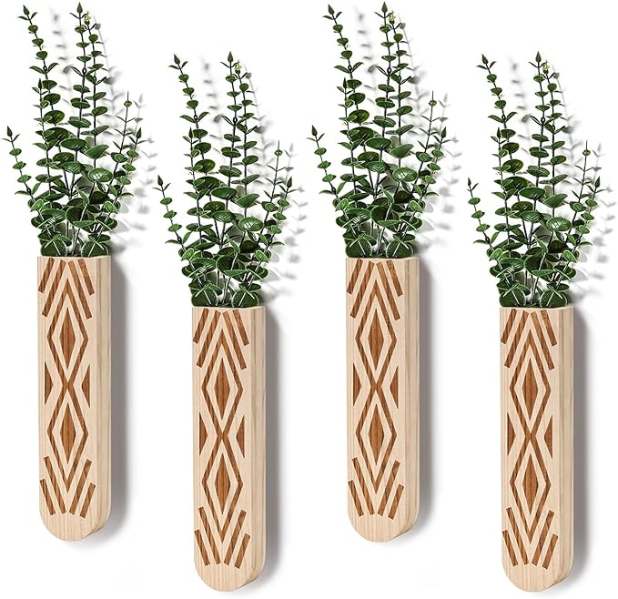 Wooden Wall Planter Set of 4 - Modern Bohemian Home Decor for Living Room, Bedroom, Bathroom - Beige Finish Planter for Dried Flowers, Faux Greenery, Indoor Plants
