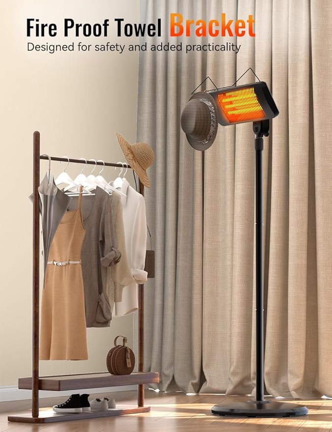 Outdoor Heater, 12H Timer&3 Heat Level, IP54 Waterproof Garage Heater, 1500W Infrared Heating Covers 300Sq.ft, Tip-Over Protection, Towel Bracket,Remote, 83Inch Patio Heaters for Outdoor Use