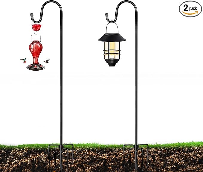 XDW-GIFTS Bird Feeder Pole for Outdoor, 2-Pack 45 Inch Shepherds Hooks Heavy Duty Garden Pole for Hanging Plant Basket, Solar Light Lanterns, Garden Plant Hanger Stands with 5 Base Prongs