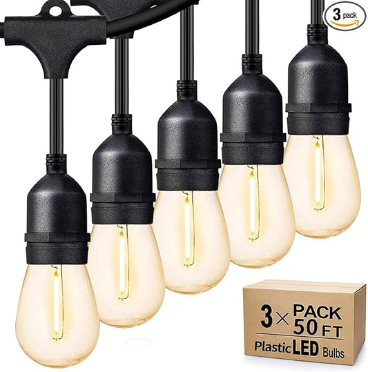 Svater Outdoor String Lights 150FT, E26 Socket, 48pcs S14 Shatterpoof Bulbs, 1 Watt Dimmable 2700K Warm White, IP65 Waterproof Commercial Grade Patio Lights（3 Pack X 50FT）