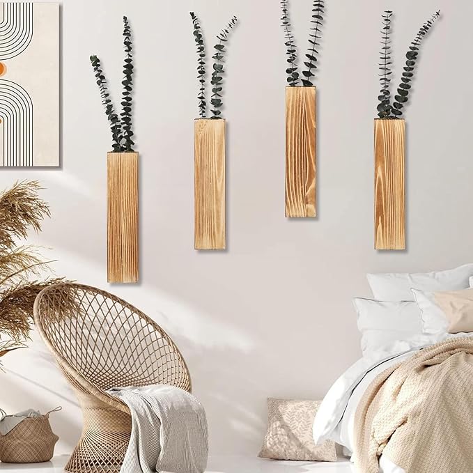Wooden Wall Planter Set of 4 - Modern Home Decor for Living Room, Bedroom, Bathroom - Brown Finish Planter for Dried Flowers, Faux Greenery, Indoor Plants