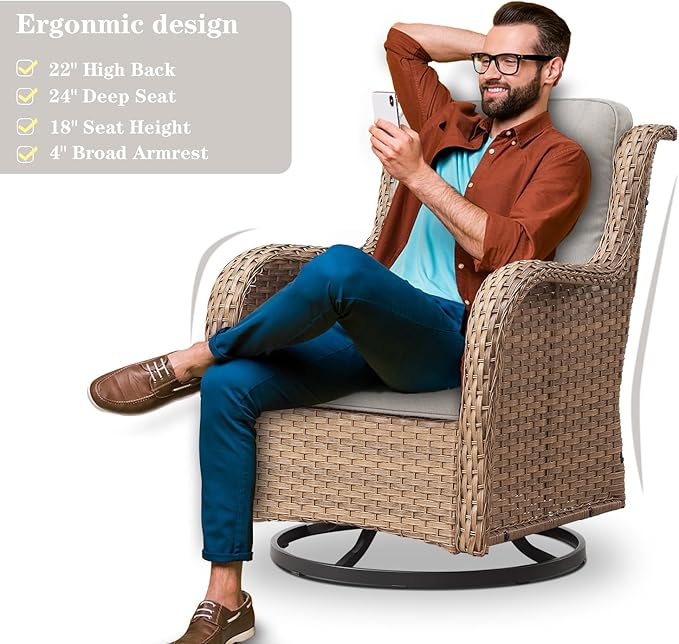 Outdoor Swivel Rocker Patio Chairs - 360 Degree Swivel Glider Seating 350LBS Weight Capacity Wicker Rocking Chairs Set of 2 with Removable Cushion for Porch Balcony Deck, Yellow/Beige