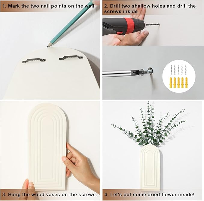 Wooden Wall Planter Vase Set of 2, Boho Hanging Planter for Indoor Plants & Flowers, Natural Wood Wall-Mounted Planters for Art Home Decor - Living Room, Bedroom, Bathroom, Patio (Milky White)