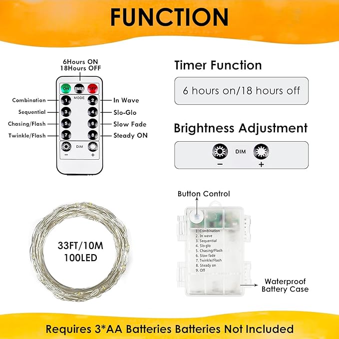 3Pack 99Ft 300LED Fairy Lights Battery Operated with Remote, Waterproof String Lights with Timer for Indoor & Outdoor, Twinkle Lights Battery Powered for Bedroom Wedding Christmas Decor (Warm White)