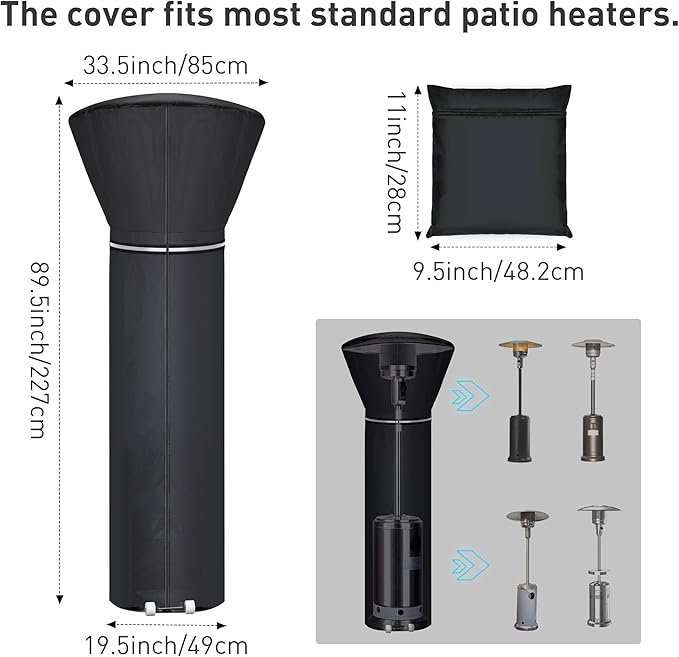 Patio Heater Covers with Reflective Strip,Outdoor Heater Cover Waterproof,Dustproof,Wind-Resistant,Sunlight-Resistant,Snow-Resistant,Black,89.5''x 33.5" Dome x 19.5" Base