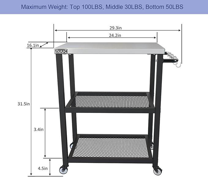 NUUK Three-Shelf Rolling Outdoor Dining Cart Table, 16" x 24" Stainless Steel Commercial Multifunctional Kitchen Food Prep Worktable on Wheels