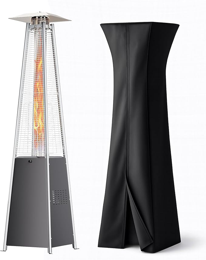 Patio Heater With Glass Tube, 48000 BTU Propane Patio Heaters For Outdoor Use With Cover & Wheels, Commercial Outdoor Heater For Patio Backyard, Multiple Protection System (Gray) (1 heater)