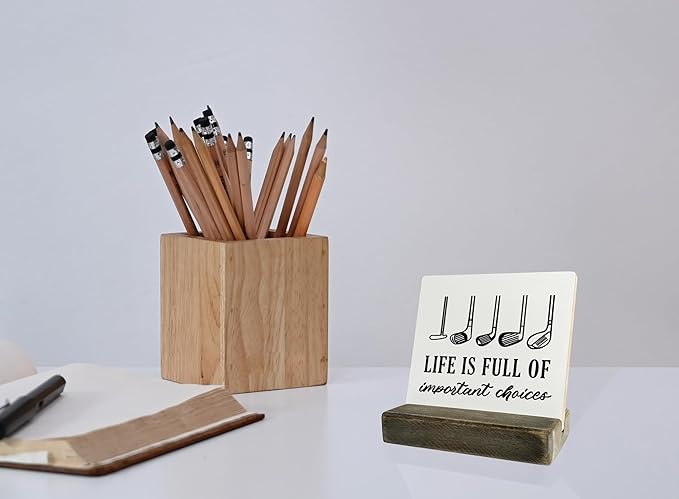 Primitive Wooden Sign, Life is Full of Important Choices, Desk Plaque with Wooden Stand 4 x 4.3 inches, Golf Decor, Rustic Home Decor, Golf Life Sign, Office Table Decor, Gift for Friends A