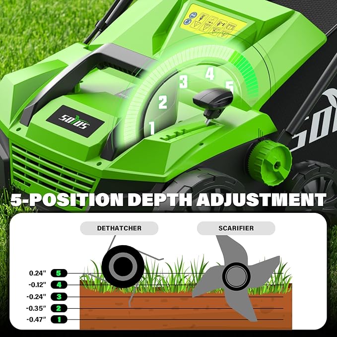 SOYUS 15-Inch 13-Amp Electric Dethatcher and Scarifier with 45L Removable Thath Collection Bag, Corded Lawn Dethatcher with 5-Position Depth Adjustment, Quick-Fold, Increases Lawn Health